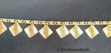 Gold Chain Metal Trim, Metallic Chain with Gold Shimmer Square Charms, Beaded Bohemian trim
